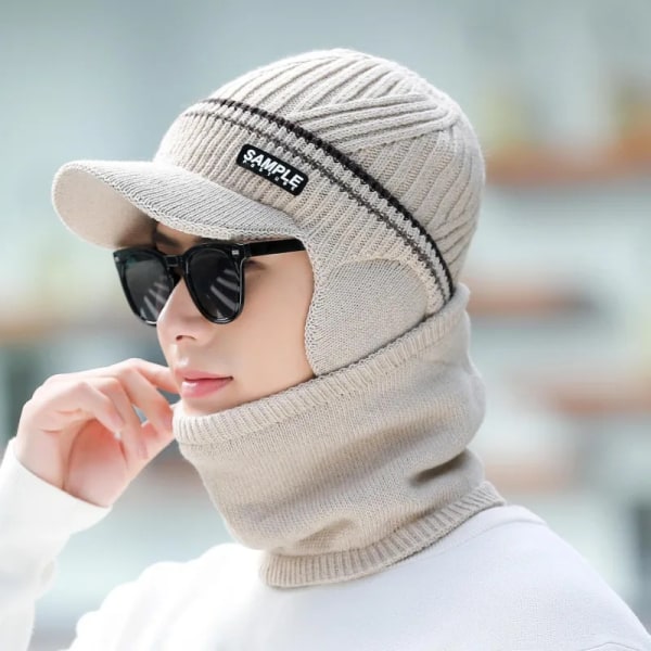 Knitted Visor Winter Hat Thicken Warm Earmuffs Skullies Beanies for Men Women Wool Scarf Caps Cycling Ski Mask Balaclava Bonnet