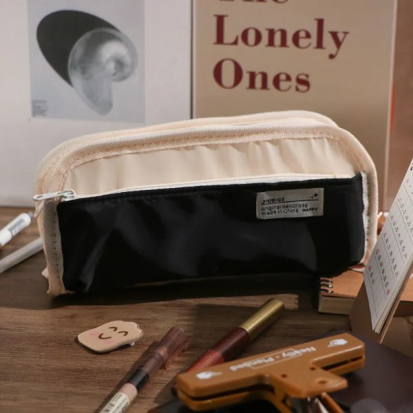 Casual Fashion Triple-layer Canvas Pencil Bag Large Capacity Pencil Case Pen Pencil Holder Student Stationery Organizer