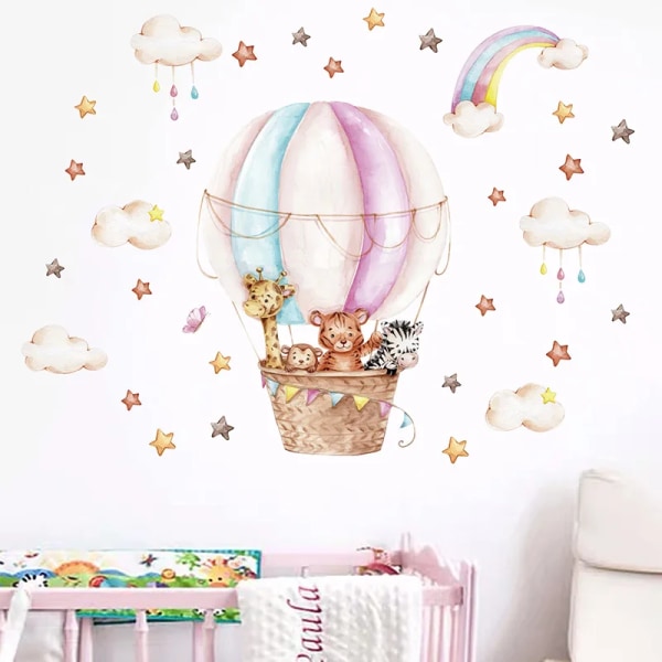 Wall Stickers for Kids Room Baby Room Cartoon Giraffe Tiger Monkey on Hot Air Balloon Wall Decals Nursery Room Bedroom Stickers