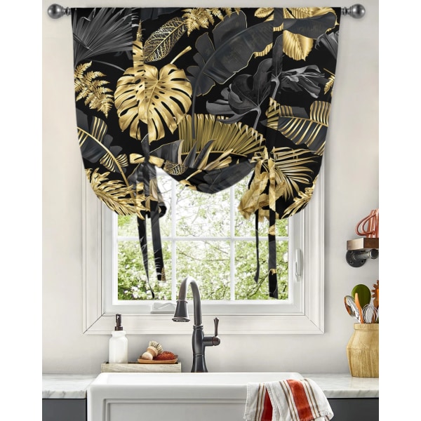 Golden Leaves Black Background Window Curtain for Living Room Bedroom Balcony Cafe Kitchen Tie-up Roman Curtain