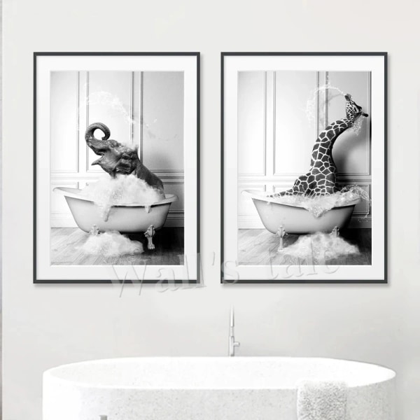 Black and White Animals Bathroom Photo Wall Art Pictures Giraffe Elephant Funny Posters Canvas Painting Prints Bathroom Decor