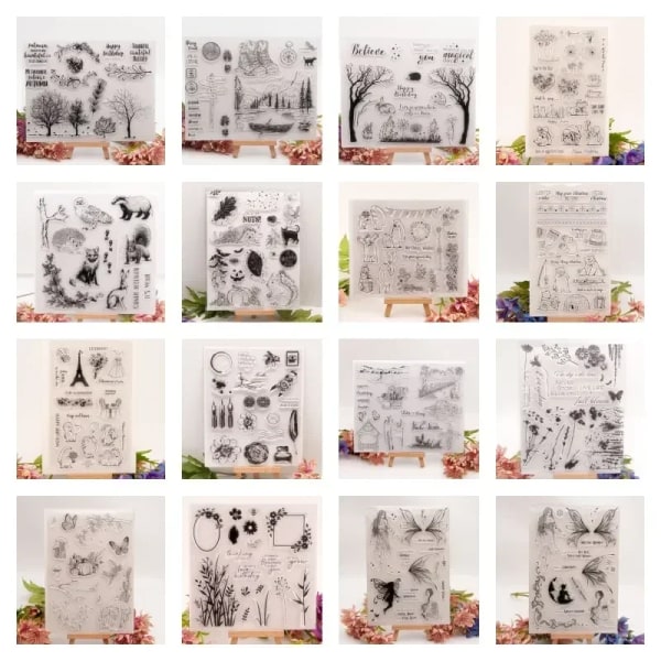 14x16cm Clear Stamps for Card Making, Flower Tree Butterfly Background Rubber Stamp Transparent Stamp for Crafting DIY Decor