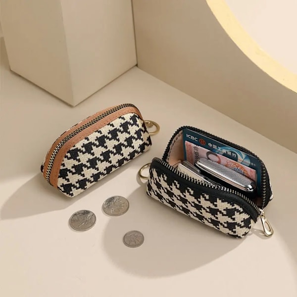 New Houndstooth Women's Long Style Canvas Zipper Wallet Large Capacity Handbag Korean Fashion Car Key Bag Card Bag Coin Purse