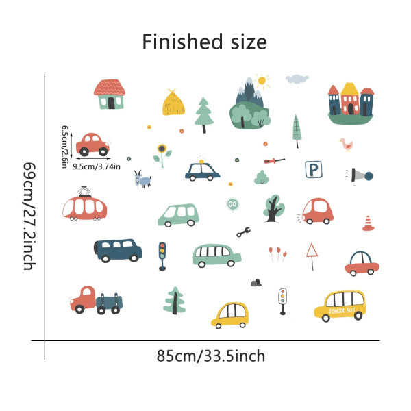 Cartoon City Cars Self-adhesive Wall Stickers for Nursery Baby Bedroom Eco-friendly Decal Kindergarten Removable Wall Poster Art