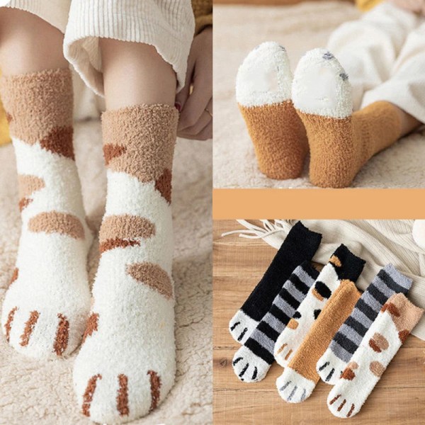 1Pair Coral Fleece Socks Female Tube Socks Autumn Winter Cat Claws Cute Thick Warm Sleeping Floor Socks Sleep Socks Freeshipping