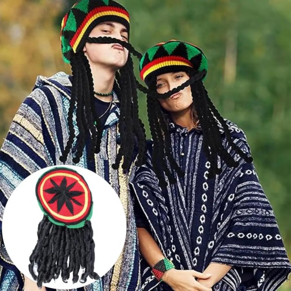 Halloween Hat Reggae Hat Jamaican Woolen Knitting Hat with Black Dreadlocks Wig Ethnic Style Reggae Beret for Halloween Costume