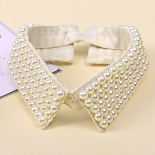 Women Retro Handmade Beading Faux Pearls Layers Bib Lapel Fake Collar Jewelry Detachable Necklace Choker Cloth Accessory