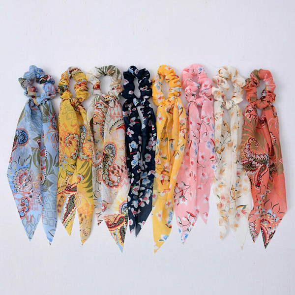 Floral Hair Bow Ponytail Elastic Boho Hairband Rope Ribbon Ties Scrunchie Scarf