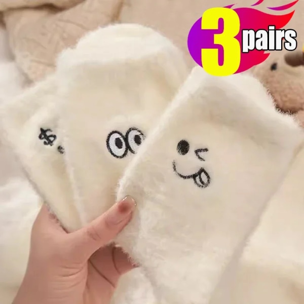 White Mink Plush Thickened Socks Winter Warm Cartoon Expression Plush Stocking Fashionable Girls Cold-proof Home Floor Sox Sock