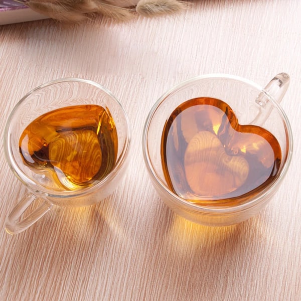 180ml/240ml Heart Love Shaped Tea Beer Mug Juice Cup Coffee Cups Mug Gift Double Layer Glass Mug Heat-Resisting Drinkware