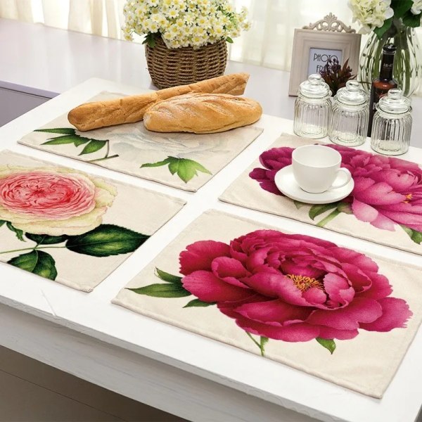 1Pcs Flower Pattern Placemat Dining Table Mat Drink Coaster Cotton Linen Pads Bowl Cup Mats 42*32cm Kitchen Accessories MP0023