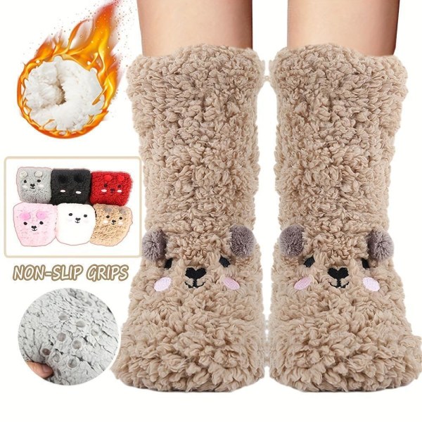 Cute Cartoon Bear Fuzzy Socks For Women, Comfortable Winter Soft Warm Slipper So