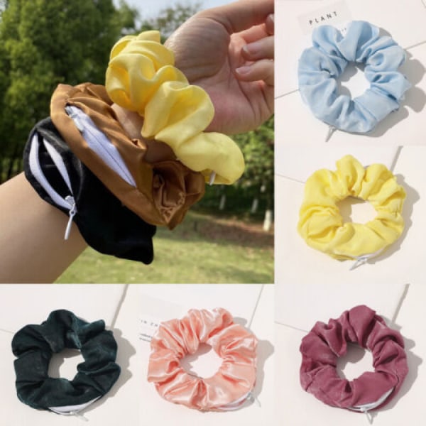 Women Soft Pocket Scrunchies with Zipper  Elastic Hair Bands Key Coin Mini Bag