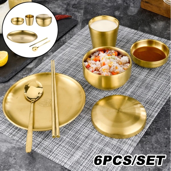 6Pcs Stainless Steel Korean Tableware Set Barbecue Restaurant Cup Spoon Chopsticks Dinner Plate