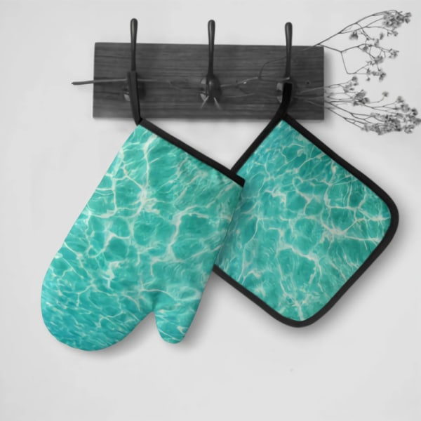 Turquoise and Green Ocean Oven Mitt and Pot holder Set Heat Resistant Non Slip Kitchen Glove with Inner Cotton Layer for Cooking
