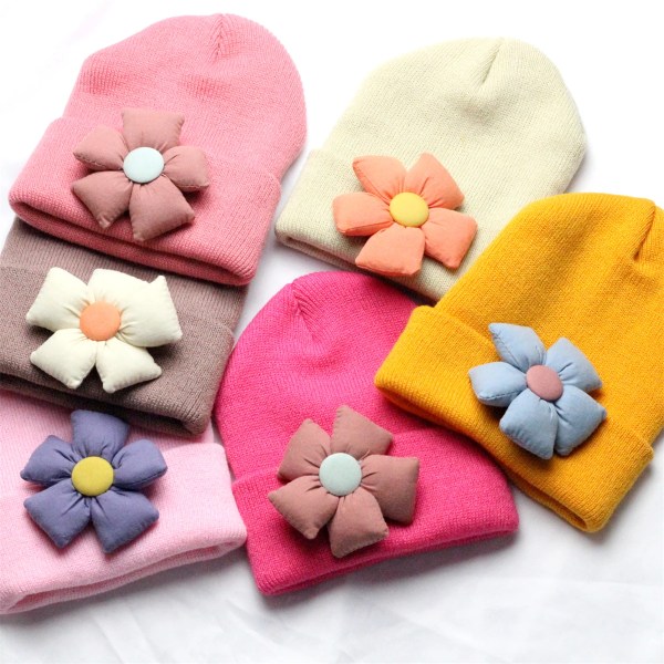 Knitted Beanie with Fabric Sun Flower Baby Girls Big Flower Winter Warm Bonnet Children Crochet Hat Cute Newborn Turban Hats
