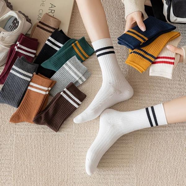 5 Pairs Cotton Vertical Striped Medium Tube Socks Thick Solid Color Socks