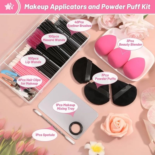 256 pcs Disposable Makeup Applicators Kit with Mixing Puff Makeup Artist Tools Supplies Mascara Wands, Lip Brushes, Hair Clips