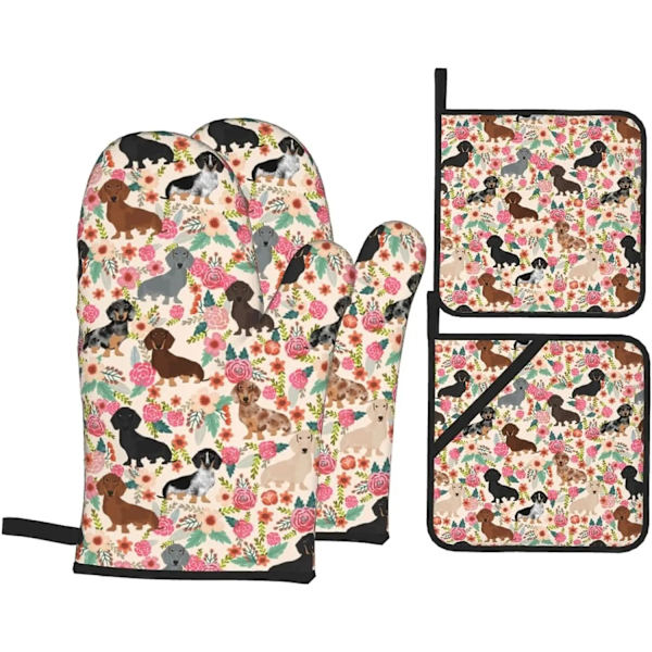 Floral Dachshunds Oven Mitts and Pot Holders Sets of 4 Heat Resistant Kitchen Microwave Gloves and Pot Pads with Non-Slip