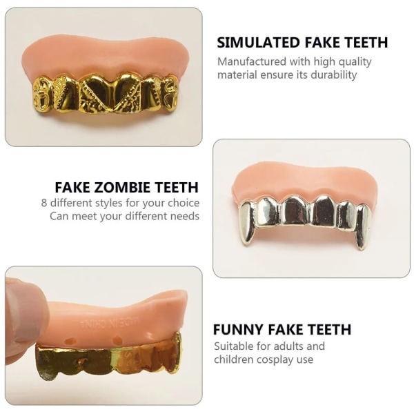 8 st Halloween rekvisita Ugly Teeth Toy Cosplay Plating Falska infällbara vampyrtänder guld
