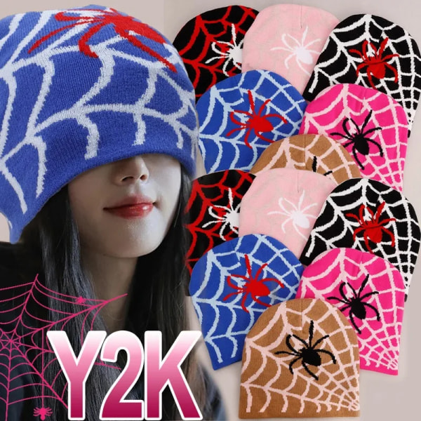 Winter Woolen Knitted Hat Men Women Cool Y2K Fashion Spider Web Print Street Hip Hop Beanies Slouchy Elastic Knit Hats Skull Cap
