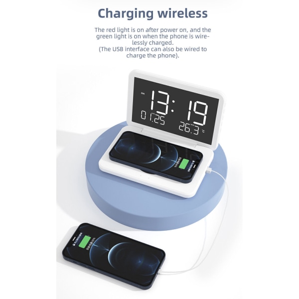 Digital LED Electric Alarm Clock With Phone Wireless Charger Thermometer Table