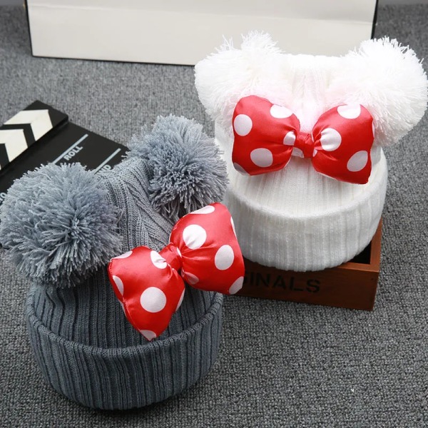 2023 New Cute Polka Dot Cartoon Big Bow Elastic Baby  Hat Children's Knit Cotton Beans Autumn Winter Warm Girl Double Pompom Cap