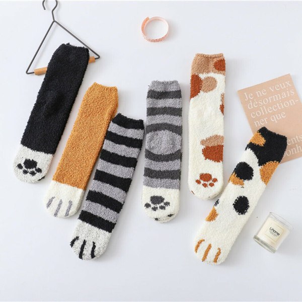 6pairs Women Winter Warm Socks Cat Claw Coral Thickening Cotton Middle stockings Winter