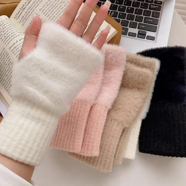 2024 Winter TouchScreen Plush Warm Gloves Women's Men's Outdoor Warm Stretch  Furry Mittens Wool Half Finger Fingerless Gloves