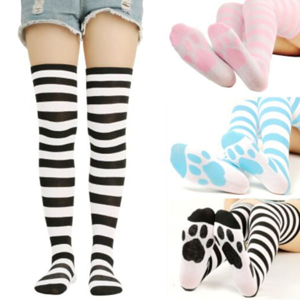 Womens Foot Bottom Cat Cotton Socks Stripe High Tube Socks Womens Thigh Socks