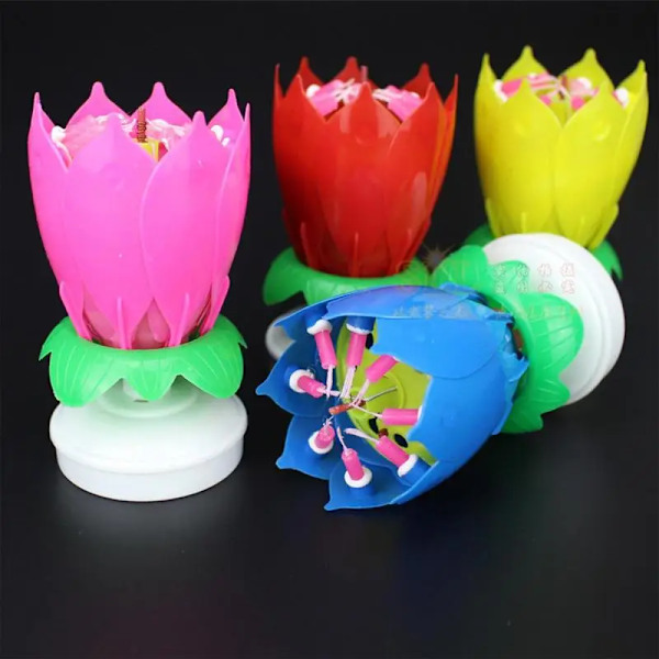 Lotus Candle Solid Paraffin Colorful Flower Shape Flat Bottom Rotating Electronic Candle Birthday Cake Music Candles Party