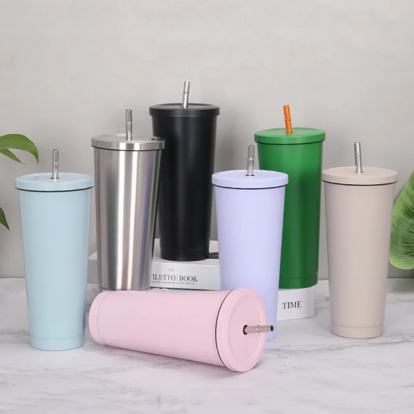 New Hot Sale 750ML 304Stainless Steel Straw Cup Large Capacity Vacuum Solid Color Coffee Mug Tumbler Cup