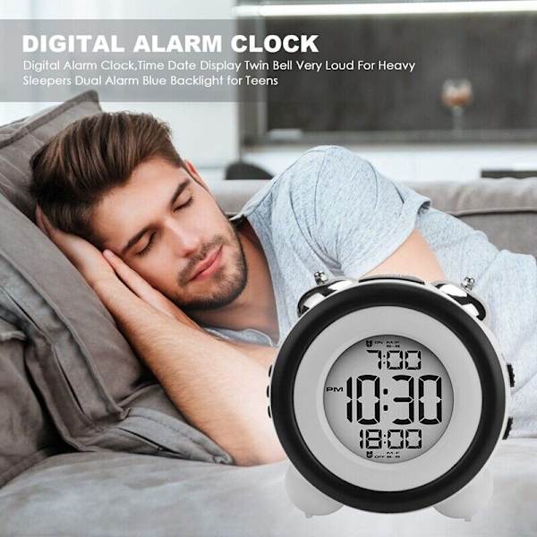 Digital Alarm Clock,Time Date Display Twin Bell Very Loud for Heavy Sleepers DA8