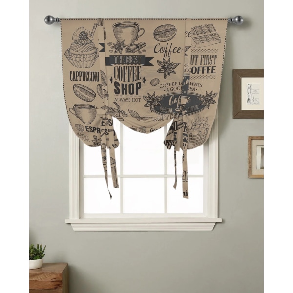 Coffee Beans Cake Cup Window Curtain for Living Room Bedroom Balcony Cafe Kitchen Tie-up Roman Curtain