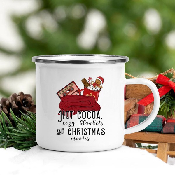 Merry & Bright Christmas Print Enamel Mug Xmas Coffee Mugs Christmas Party Beer Juice Drink Tea Cups Xmas Holiday Gift Cup