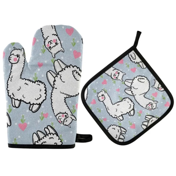 Cartoon Alpaca Oven Mitts and Pot Holders Lovely Animal Cooking Gloves Home Kitchen Mats Tropical Cactus Mitt Heat Resistant Pad