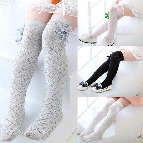 Girl Classic Kids Cotton Socks Tights School High Knee Gridding Bow Stockings..u