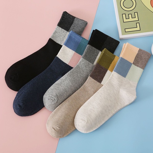 5 Pairs Autumn Winter Cotton Couples' Versatile Color Contract Medium Socks