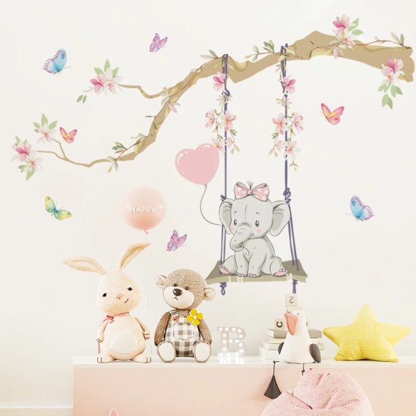 Cartoon Cute Swinging Elephant Butterfly BranchWatercolor Nursery Sticker Wall Decals Art Print Kids Boys Room Home Decor