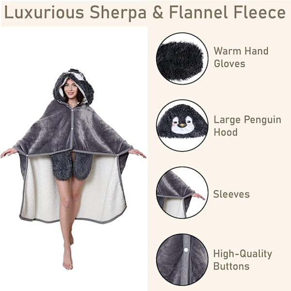 Penguin Wearable Hooded Blanket - Warm & Cozy Oversized Blanket Hoodie