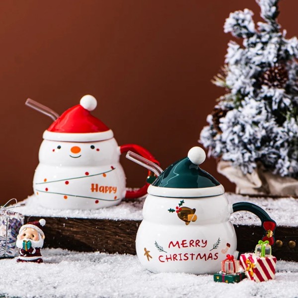 Christmas Gift Ceramic Mug Cute Family Gift Mug with Lid Christmas Snowman Style with Straw Ceramic Cups Cow's Milk Coffee Mug