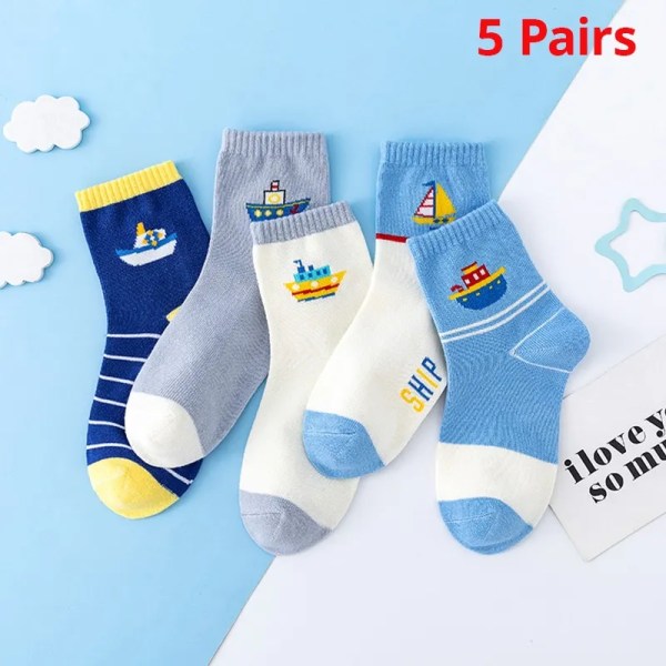 5 Pairs Of New Autumn And Winter Childrens Socks Striped Sailboat Boys Socks 4 to 8 Year Old Socks