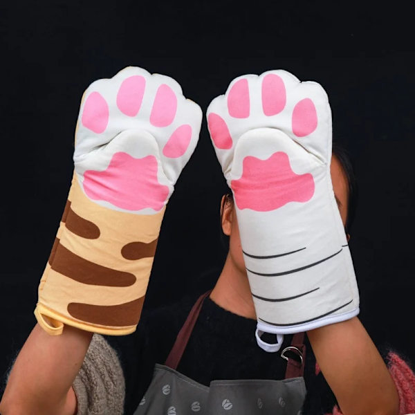 1Pc Cartoon Cat Paw Oven Mitt with Lanyard Long Cotton Insulation Anti-scald Non-Slip Baking Glove Microwave Home Kitchen Gadget