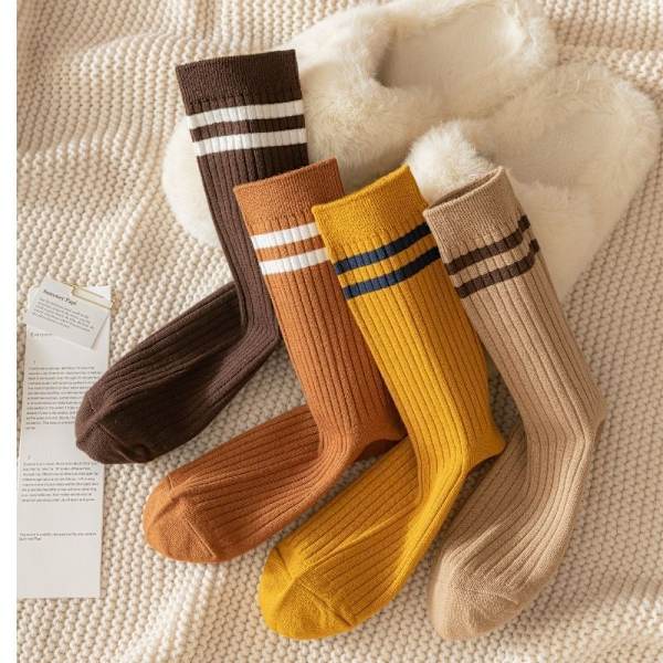 5 Pairs Cotton Vertical Striped Medium Tube Socks Thick Solid Color Socks