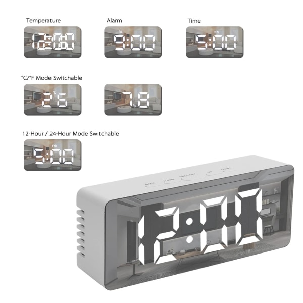 Digital LED Display Desktop Clock Thermometer Mirror Clock Snooze Function USB & Battery 12H/24H Desk Table Alarm Clock