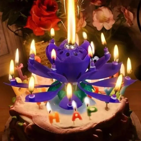 Lotus Candle Solid Paraffin Colorful Flower Shape Flat Bottom Rotating Electronic Candle Birthday Cake Music Candles Party