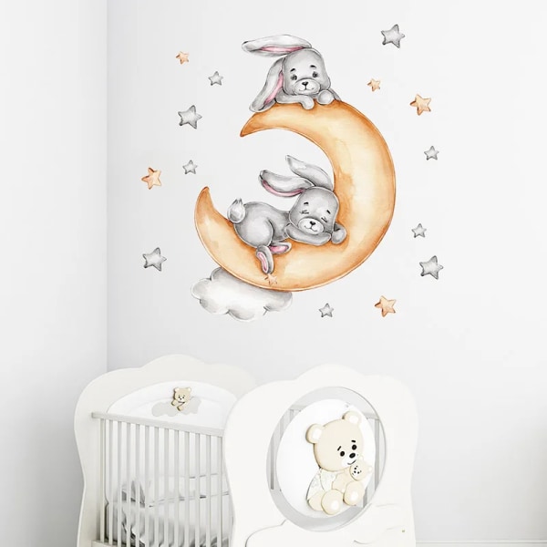 Cartoon Animal Wall Decals Bunny Elephant Moon Wall Stickers for Baby Boy Bedroom Baby Girl Room Decoration Kids Room Wallpaper