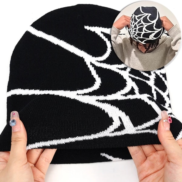 Goth Spider Web Jacquard Streetwear Grunge Beanie Caps Y2K Knitted Warm Hip Hop Unisex Elastic Knit Hat Skull Cap for Women Men