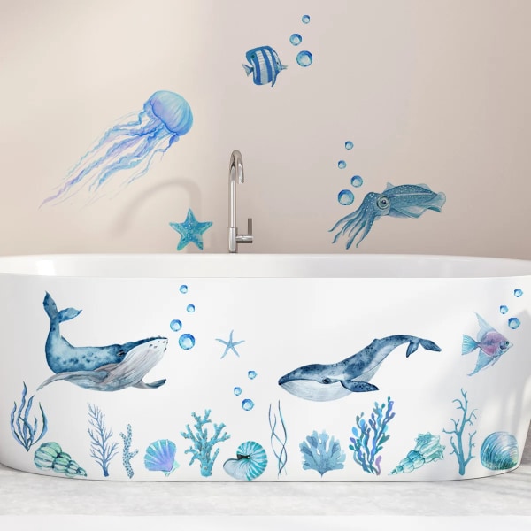 Sea Animal Wall Stickers for Bathroom Shower Room Whale Seaweed Jellyfish Bubble Wall Decals Bathtub Wall Decor Stickers Murals