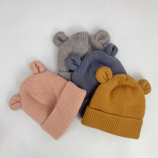 Cute Cartoon Bear Ear Baby Hat Winter Soft Warm Knitted Boy Girl Hats Beanie Solid Color Infant Toddler Cap Bonnet Kids Caps